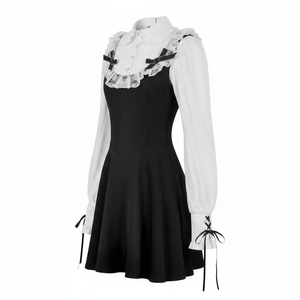 Gothic Dark Cute Lace Black And White Long-sleeved Dress