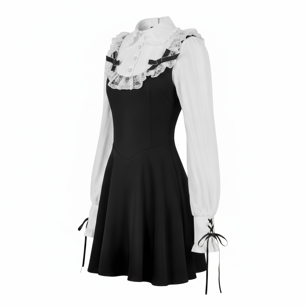 Gothic Dark Cute Lace Black And White Long-sleeved Dress