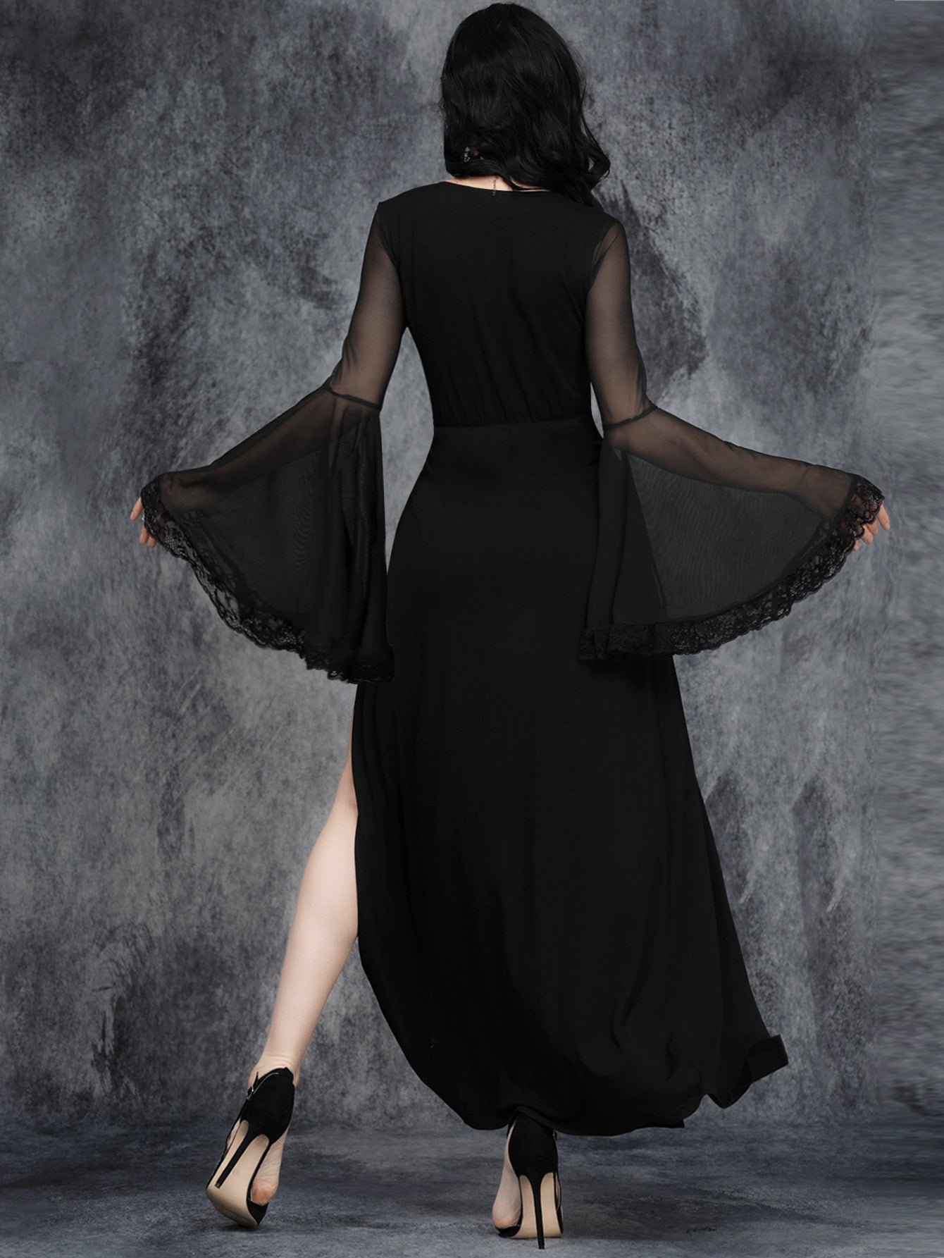 Gothic Dark Split Flare Sleeve Lace Stitching Dress