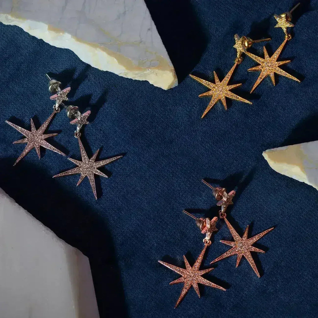 Petite Star Burst Drop Earrings | Silver Celestial Jewelry - Femstylo
