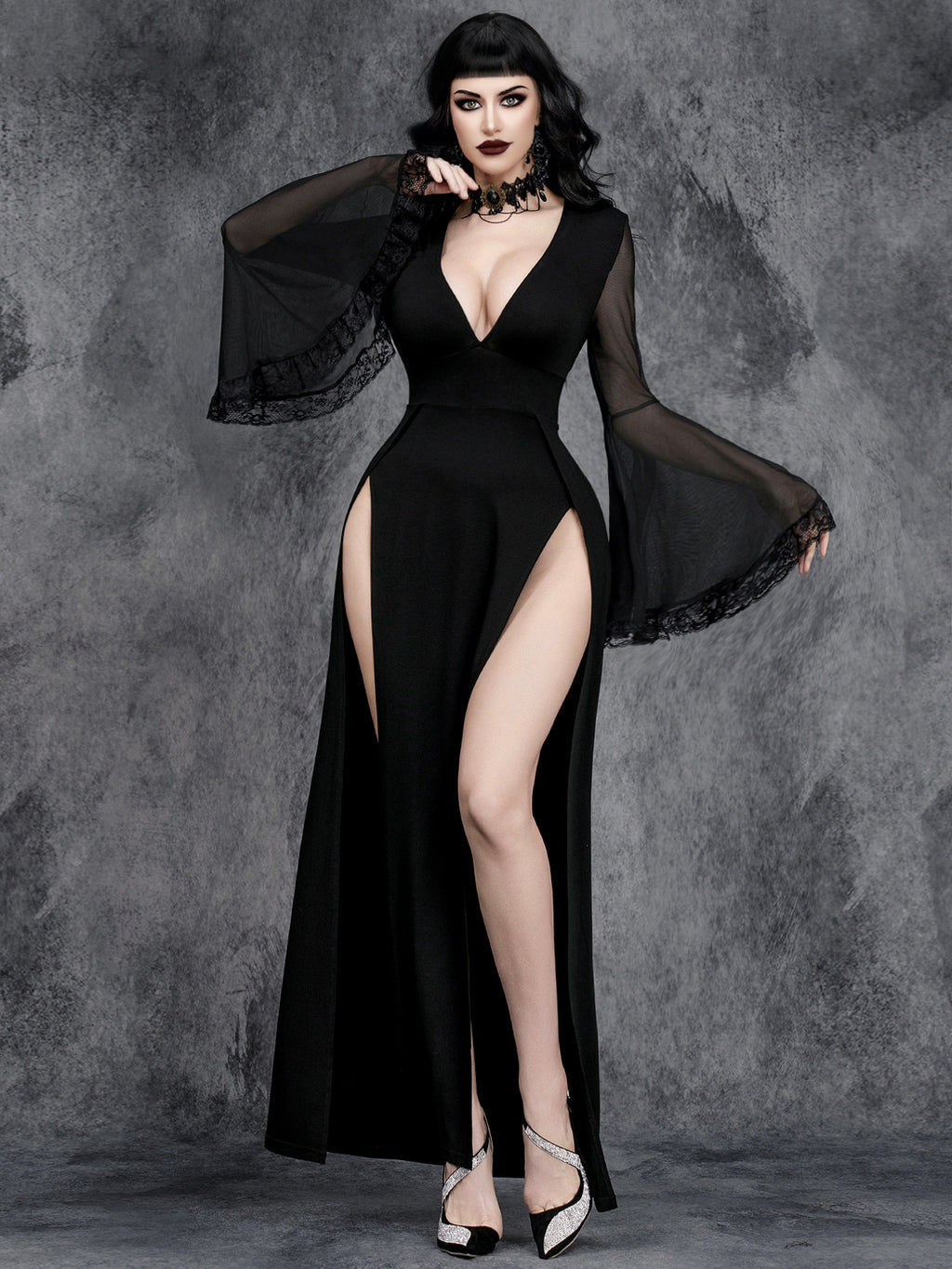 Gothic Dark Split Flare Sleeve Lace Stitching Dress