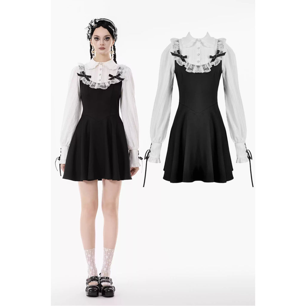 Gothic Dark Cute Lace Black And White Long-sleeved Dress