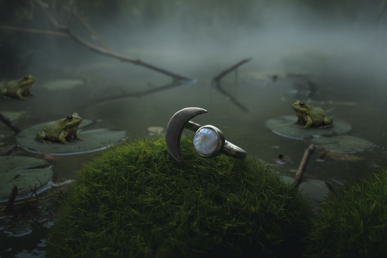 Moon Goddess Ring - Crescent Moon with Rainbow Moonstone