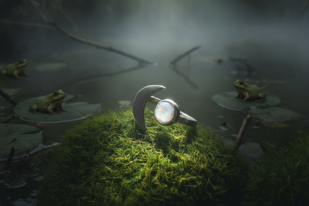 Moon Goddess Ring - Crescent Moon with Rainbow Moonstone