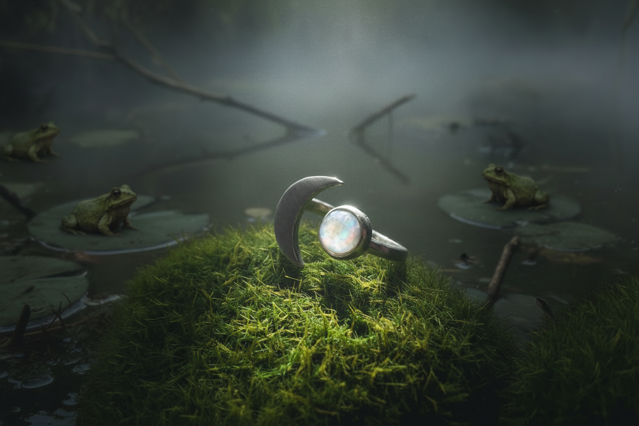 Moon Goddess Ring - Crescent Moon with Rainbow Moonstone