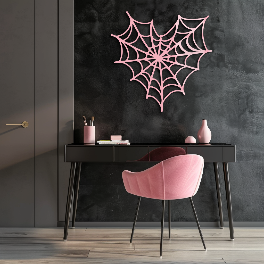Pink Heart Spider Web Metal Wall Art – Gothic Romantic Decor - KAFGP018
